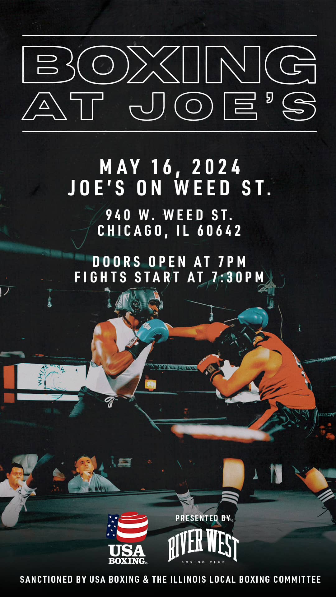 Poster to Reserve Your Table For River West Boxing at Joe's on Weed St.