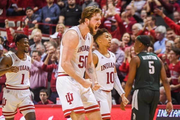 Indiana Hoosiers basketball player yelling and flexing in celebration
