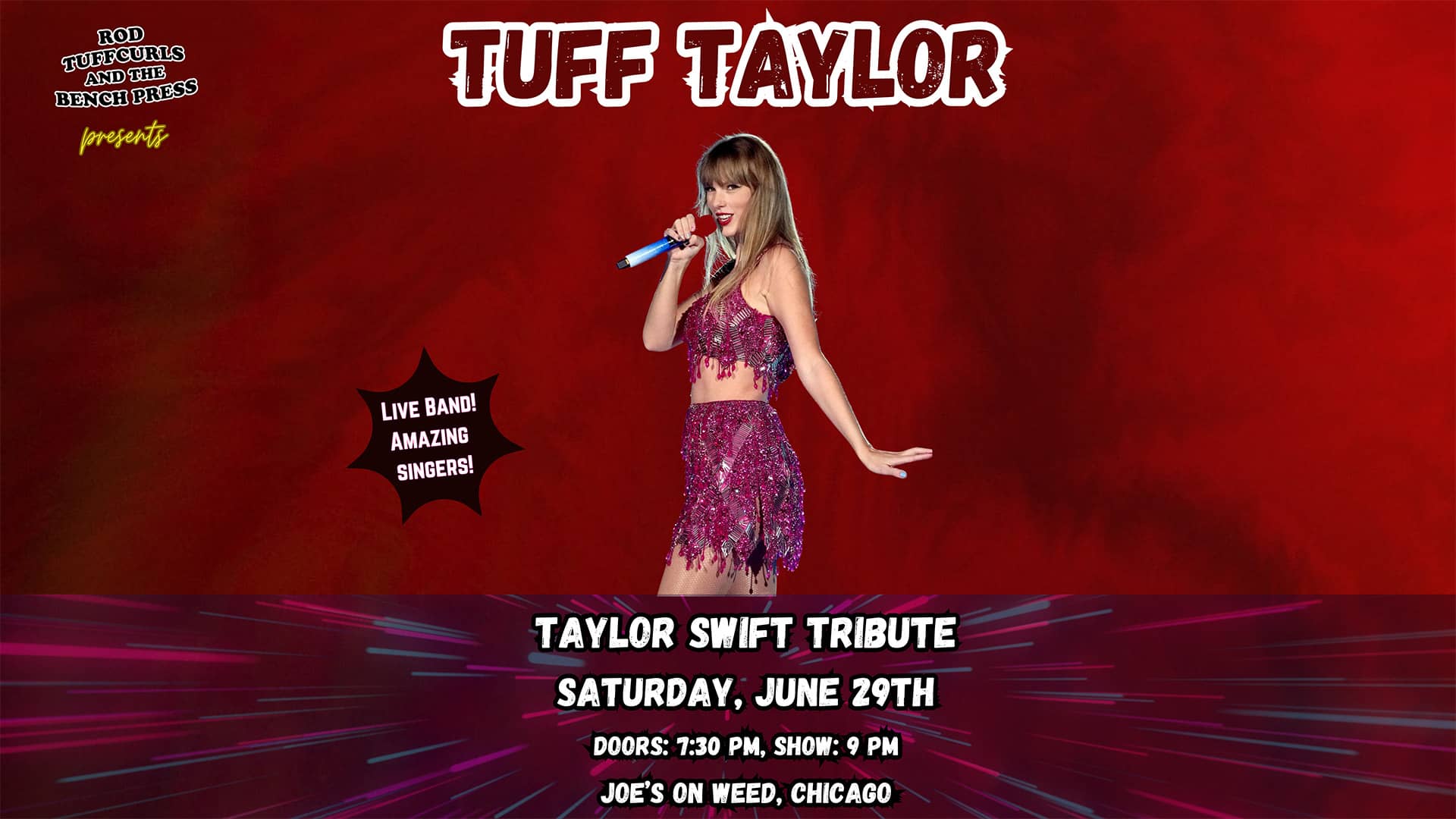 Buy tickets for Tuff Taylor, a Taylor Swift Tribute with Rod Tuffcurls And The Bench Press on Saturday June 29, 2024 at Joe's on Weed St.