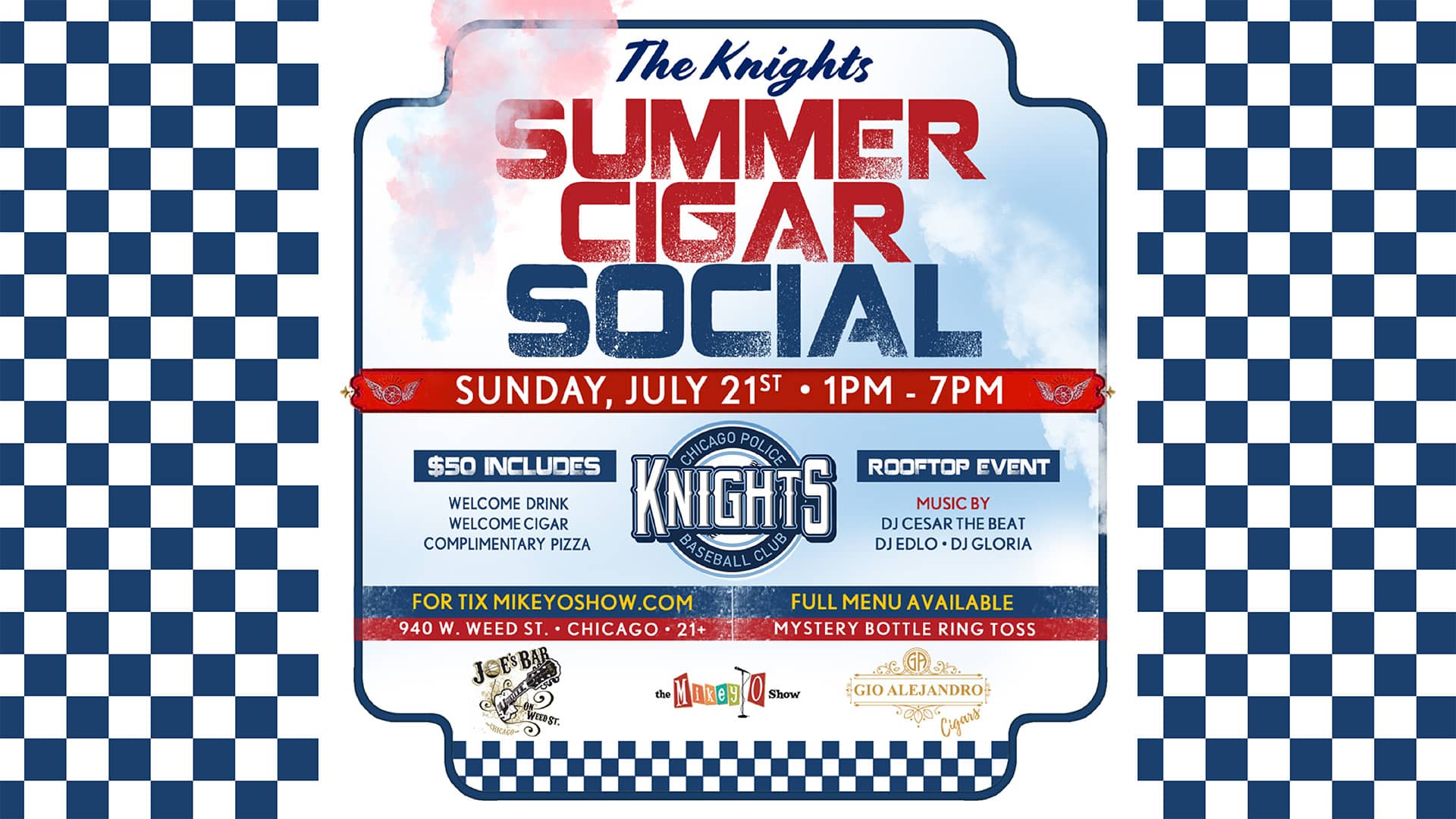Poster for The Knights Summer Cigar Social on July 21, 2024 at Joe's on Weed St.