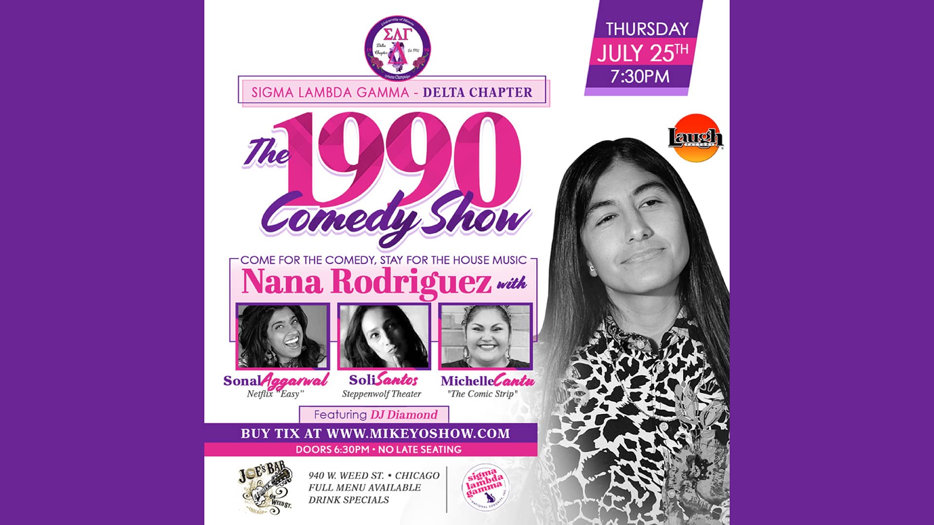 Poster for The 1990 Comedy Show, presented by Sigma Lambda Gamma - Delta Chapter, on July 25, 2024 at Joe's on Weed St.