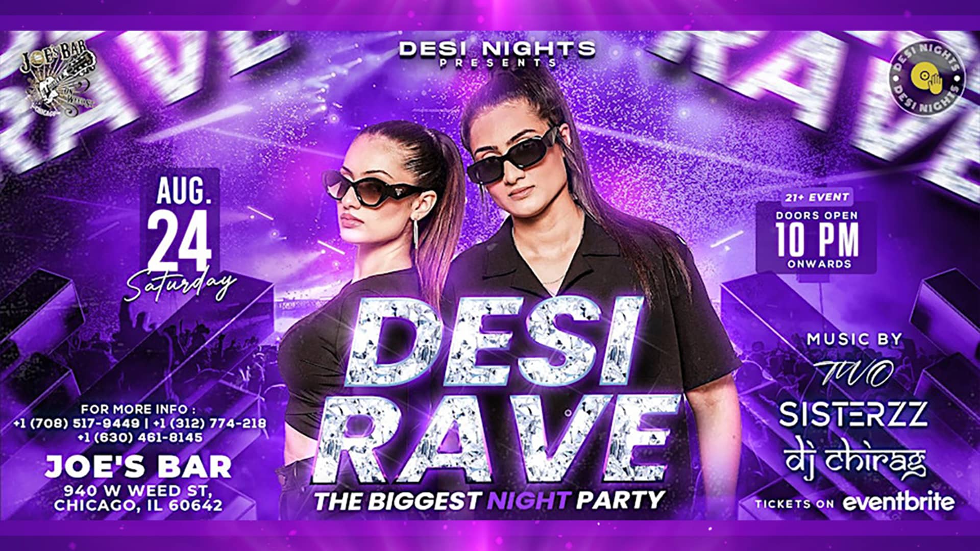 Poster for Desi Rave, presented by Desi Nights, on August 24, 2024 at Joe's on Weed St.