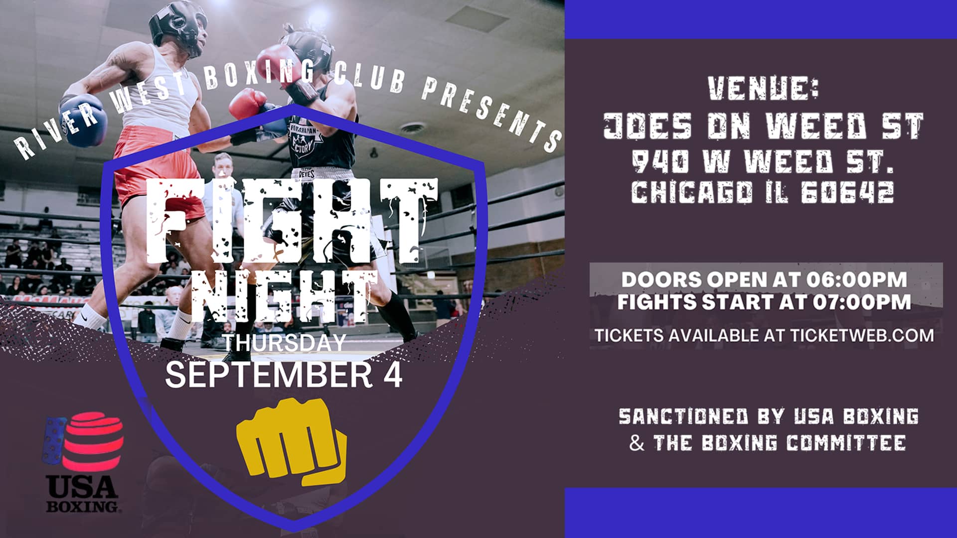 Poster for Fight Night, presented by River West Boxing Club, on September 4, 2025 at Joe's on Weed St.
