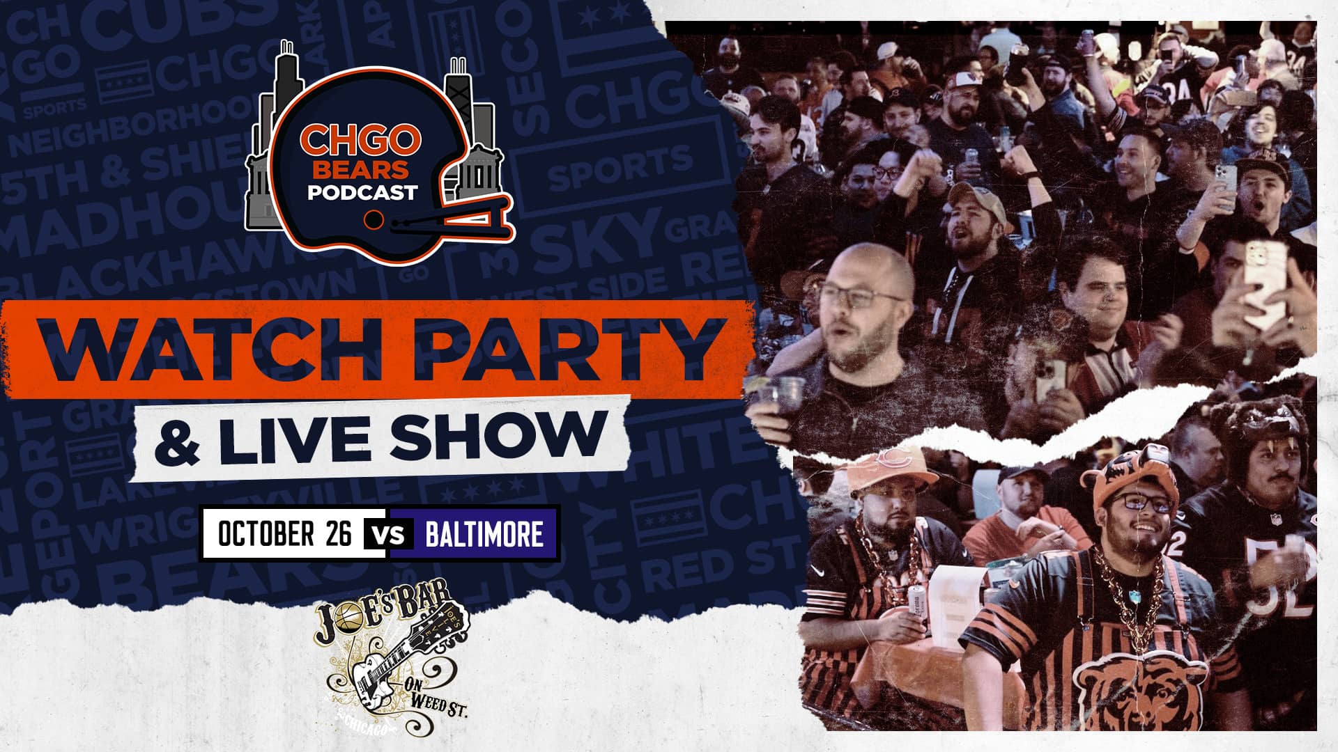 Poster for CHGO Bears Watch Party vs Baltimore on October 26, 2025 at Joe's on Weed St.
