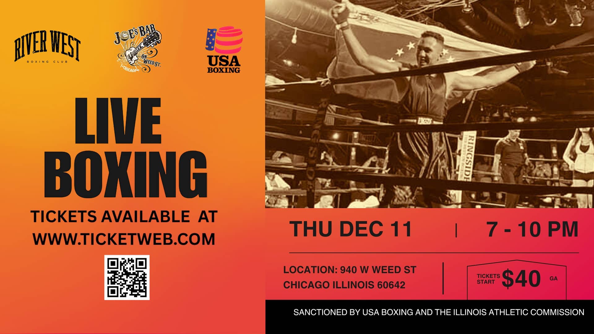 Poster for Live Boxing, presented by River West Boxing Club, on December 11, 2025 at Joe's on Weed St.